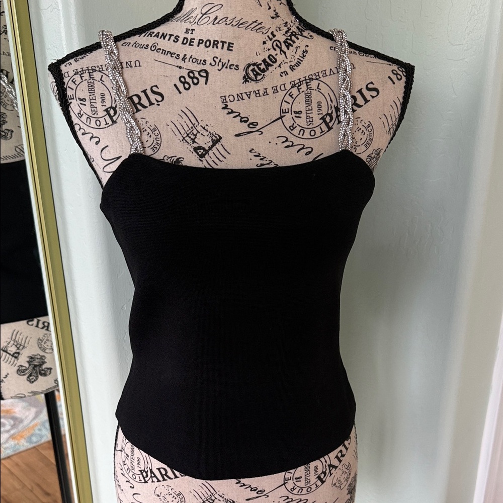 Camila Coelho Black Sleeveless Tank Top with Rhinestone Straps